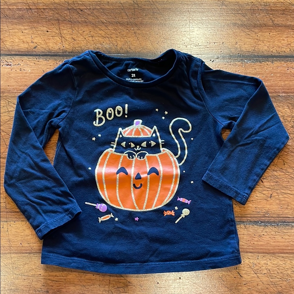 Carter's | Halloween Pumpkin Cat Blue and Orange Long Sleeve Halloween Tee | 2T